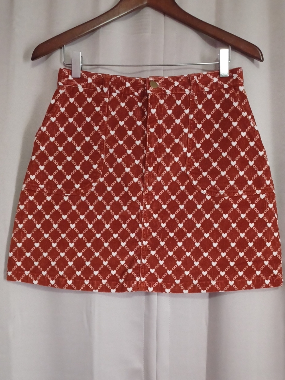 Monki Mikki Heart Print Corduroy A-Line Mini Skirt Pockets Rust Red Orange Sz 38